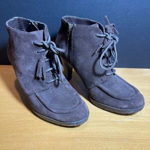Ann Klein Womens 8.5M Brown‎ Suede Lace Up Side Zip Heeled Ankle Boots Booties